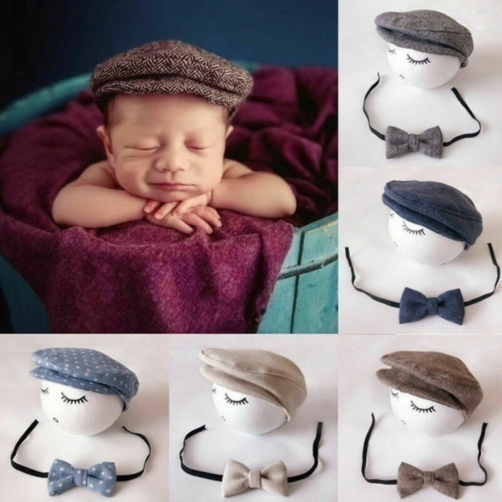Black/grey newborn cap and bow tie.